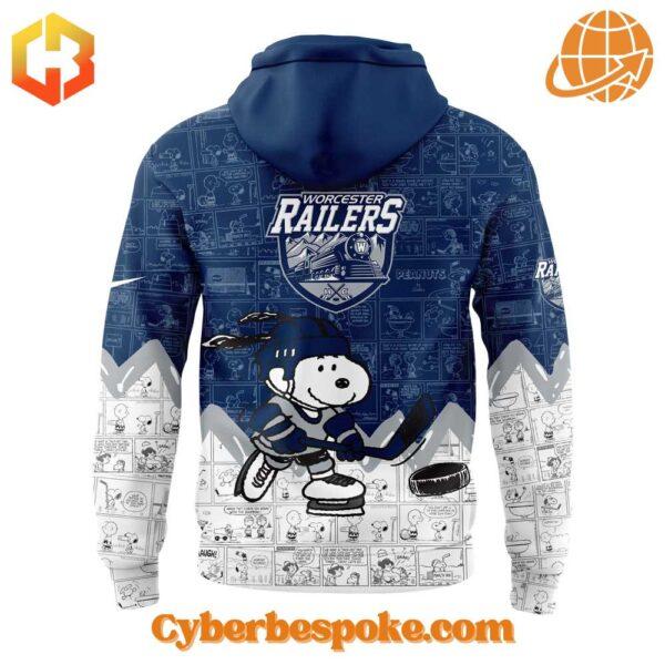 Worcester Railers Snoopy Th Anniversary Of Peanuts Hoodie features breathable fabric and all-over dye-sublimation prints.