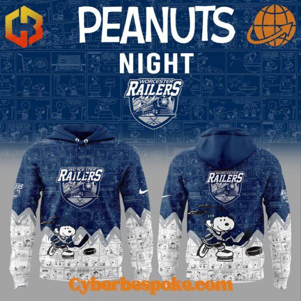 Worcester Railers Snoopy Th Anniversary Of Peanuts Hoodie features breathable fabric and all-over dye-sublimation prints.