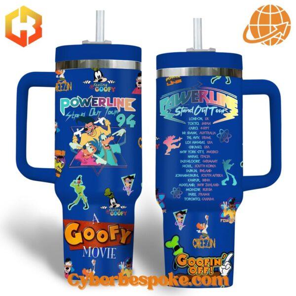 Disney Goofy Movie Powerline Stand Out Tour Tumbler 40oz with colorful character designs and tour information on a blue background.