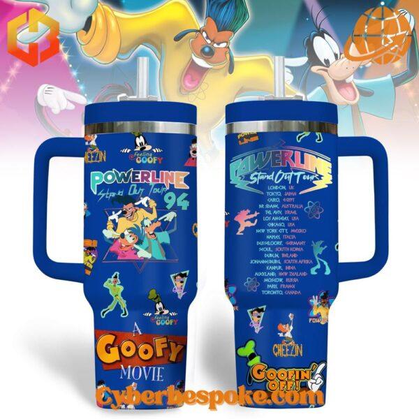 Disney Goofy Movie Powerline Stand Out Tour Tumbler 40oz with colorful character designs and tour information on a blue background.