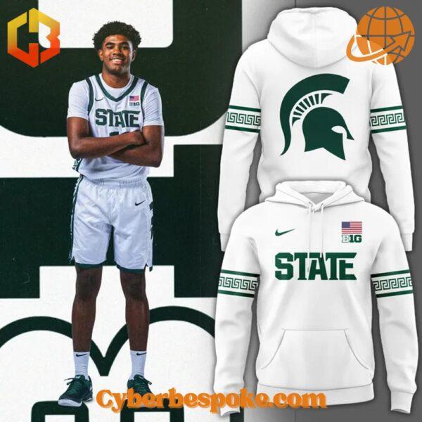 Classic Michigan State Spartans Men Basketball Uniform White Hoodie with a modern fit and stylish design.