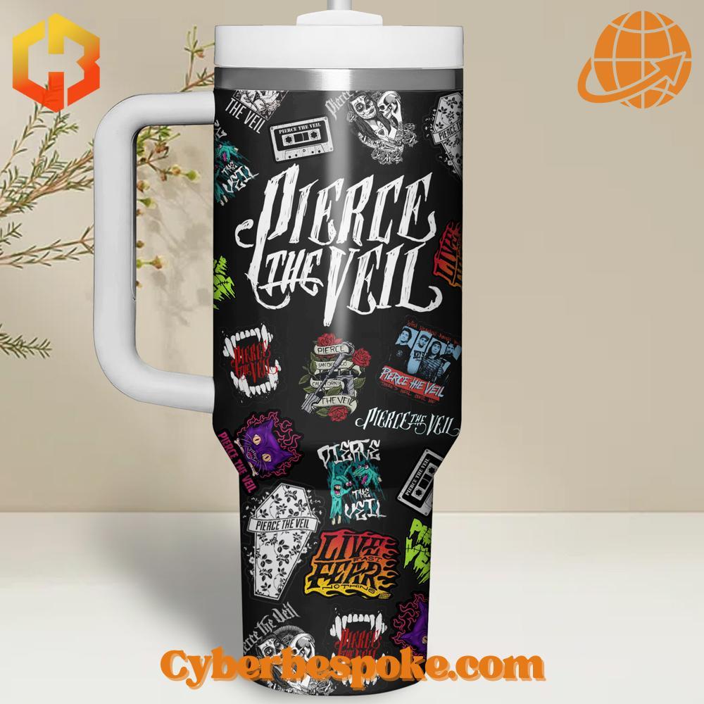 Pierce The Veil Tumbler Oz Pierce The Veil Tumbler 40oz front view with vibrant collage design.