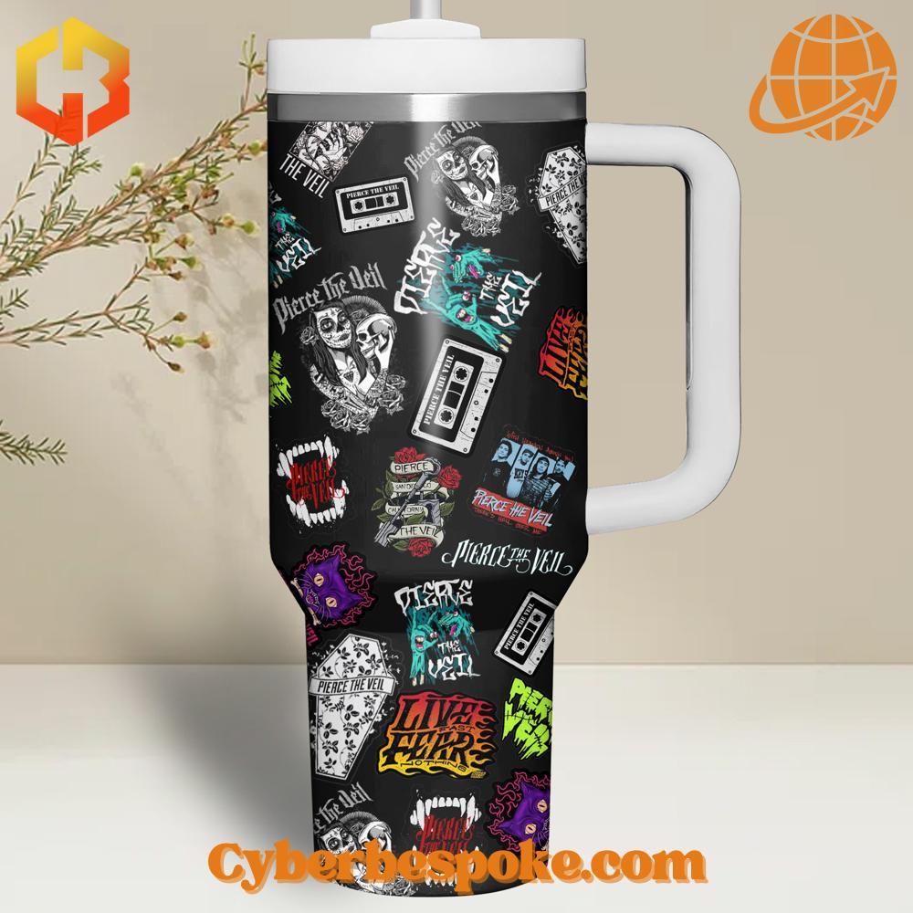 Pierce The Veil Tumbler Oz Pierce The Veil Tumbler 40oz front view with vibrant collage design.