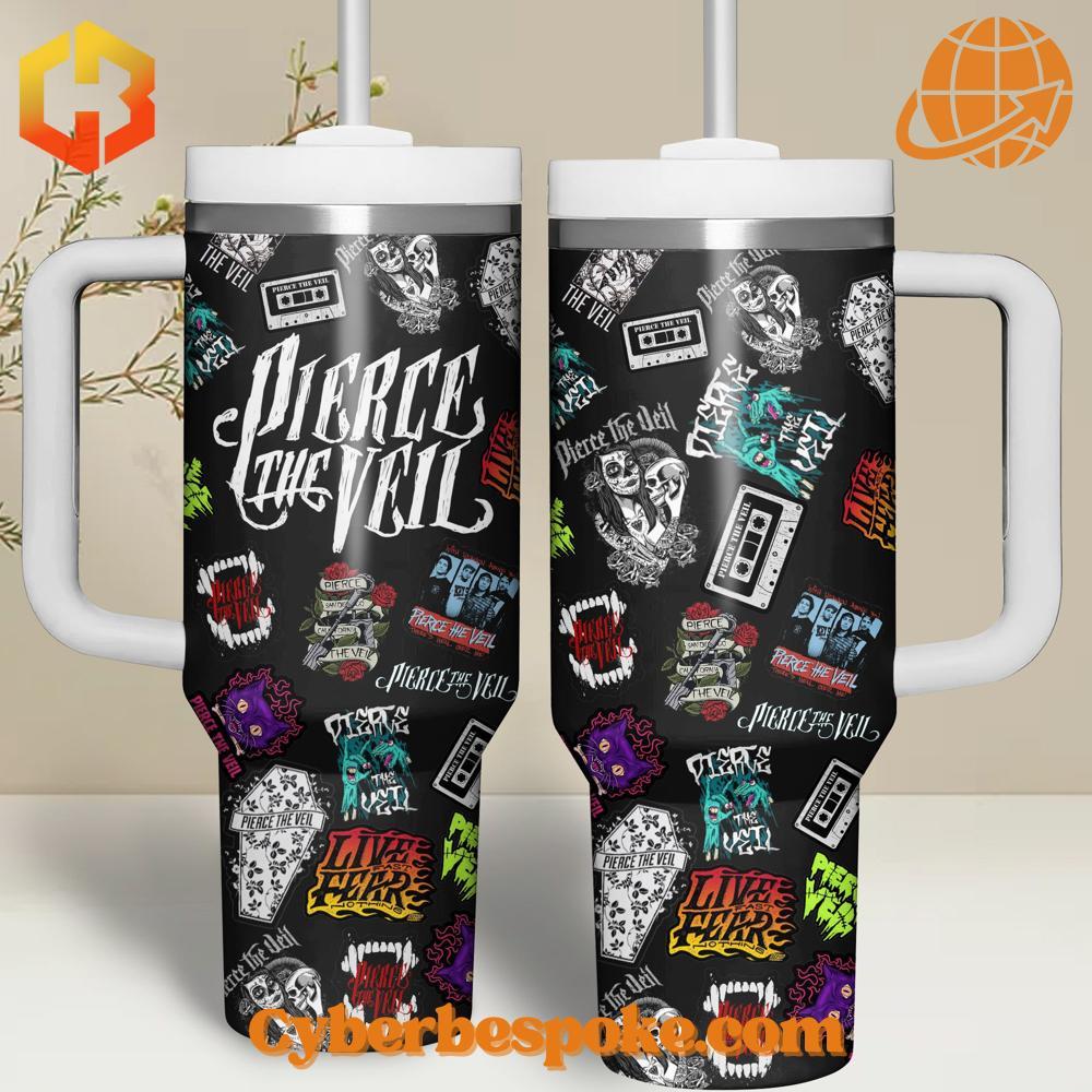 Pierce The Veil Tumbler Oz Pierce The Veil Tumbler 40oz front view with vibrant collage design.