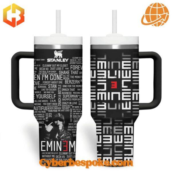 Close-up of The Eminem Show Tumbler 40oz showing detailed lyrics and a silhouette of Eminem against a black background.