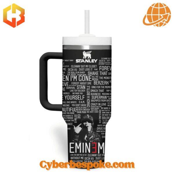 Close-up of The Eminem Show Tumbler 40oz showing detailed lyrics and a silhouette of Eminem against a black background.