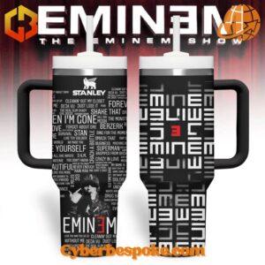 Close-up of The Eminem Show Tumbler 40oz showing detailed lyrics and a silhouette of Eminem against a black background.